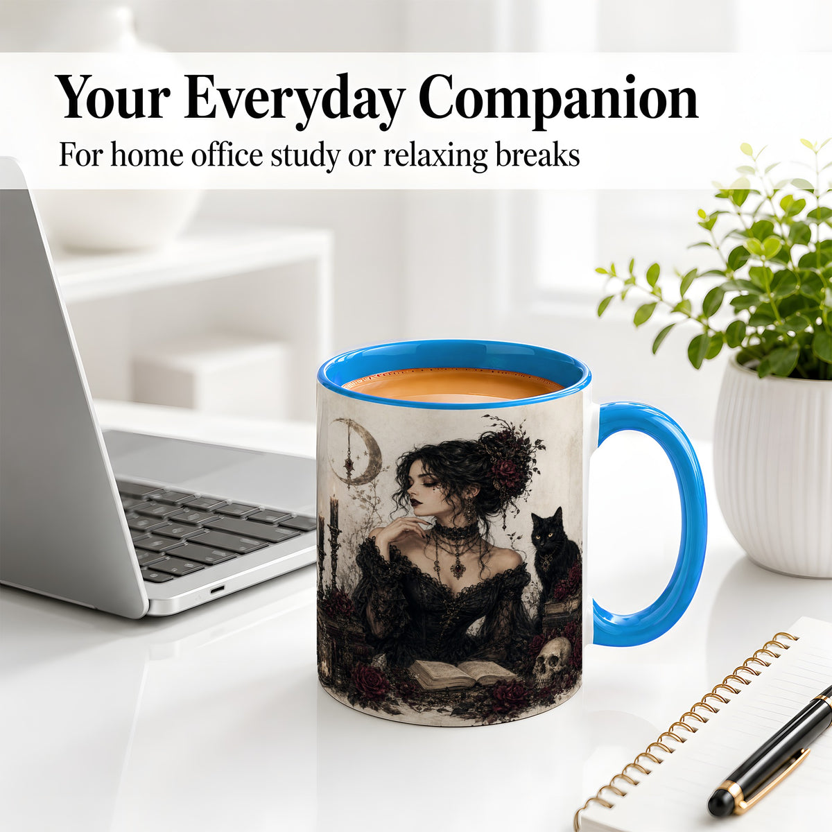 #pl[11oz|Blue] Gothic Witch Ceramic Coffee Cup, Mug with Black Cat Artwork