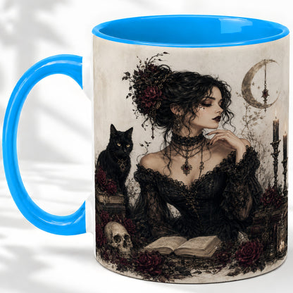 #pl[11oz|Blue] Gothic Witch Ceramic Coffee Cup, Mug with Black Cat Artwork