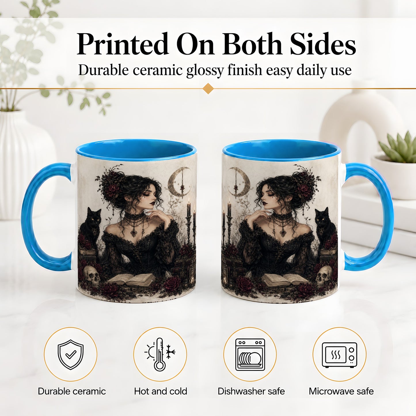 #pl[11oz|Blue] Gothic Witch Ceramic Coffee Cup, Mug with Black Cat Artwork