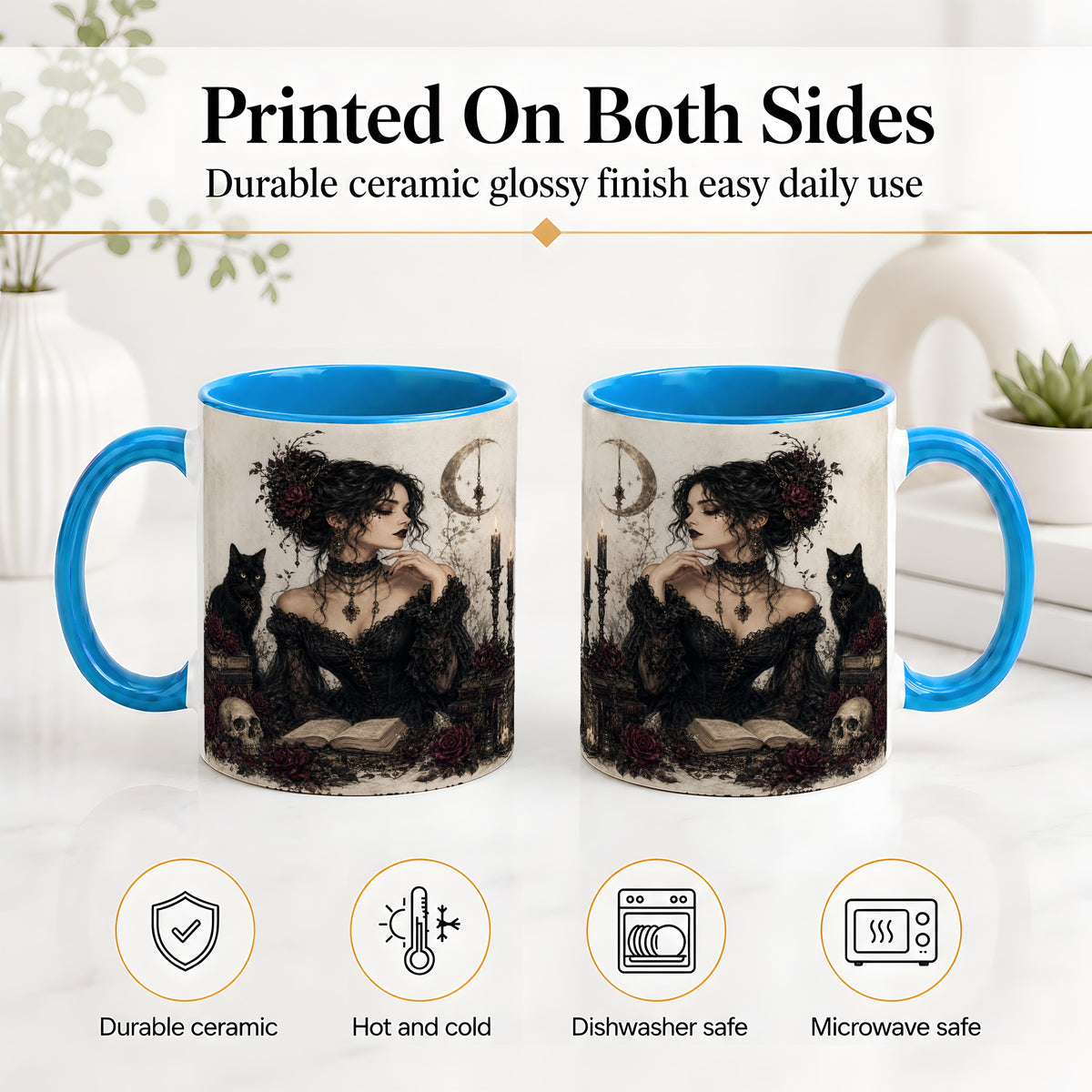 #pl[11oz|Blue] Gothic Witch Ceramic Coffee Cup, Mug with Black Cat Artwork