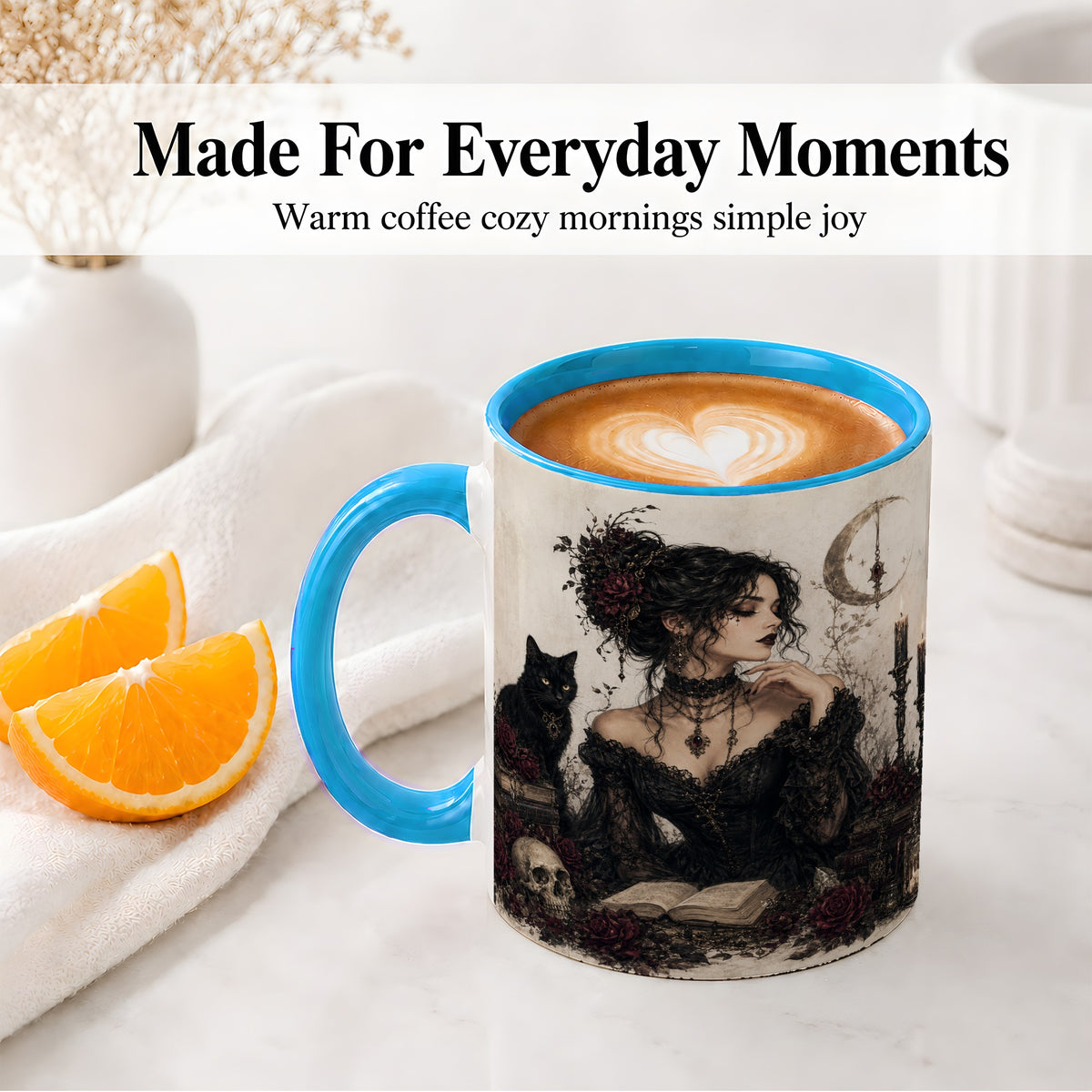 #pl[11oz|Blue] Gothic Witch Ceramic Coffee Cup, Mug with Black Cat Artwork