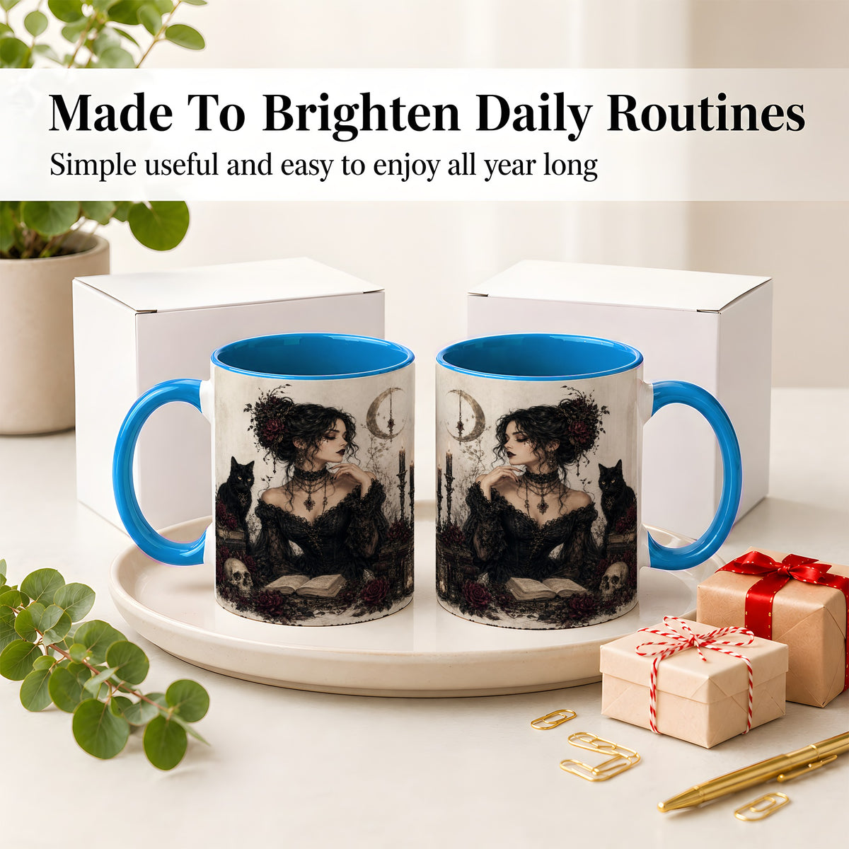 #pl[11oz|Blue] Gothic Witch Ceramic Coffee Cup, Mug with Black Cat Artwork