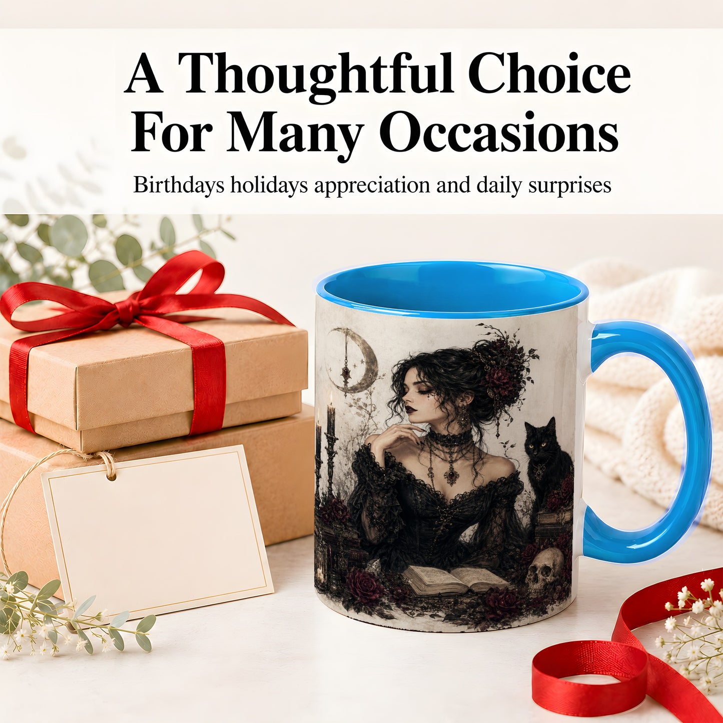 #pl[11oz|Blue] Gothic Witch Ceramic Coffee Cup, Mug with Black Cat Artwork