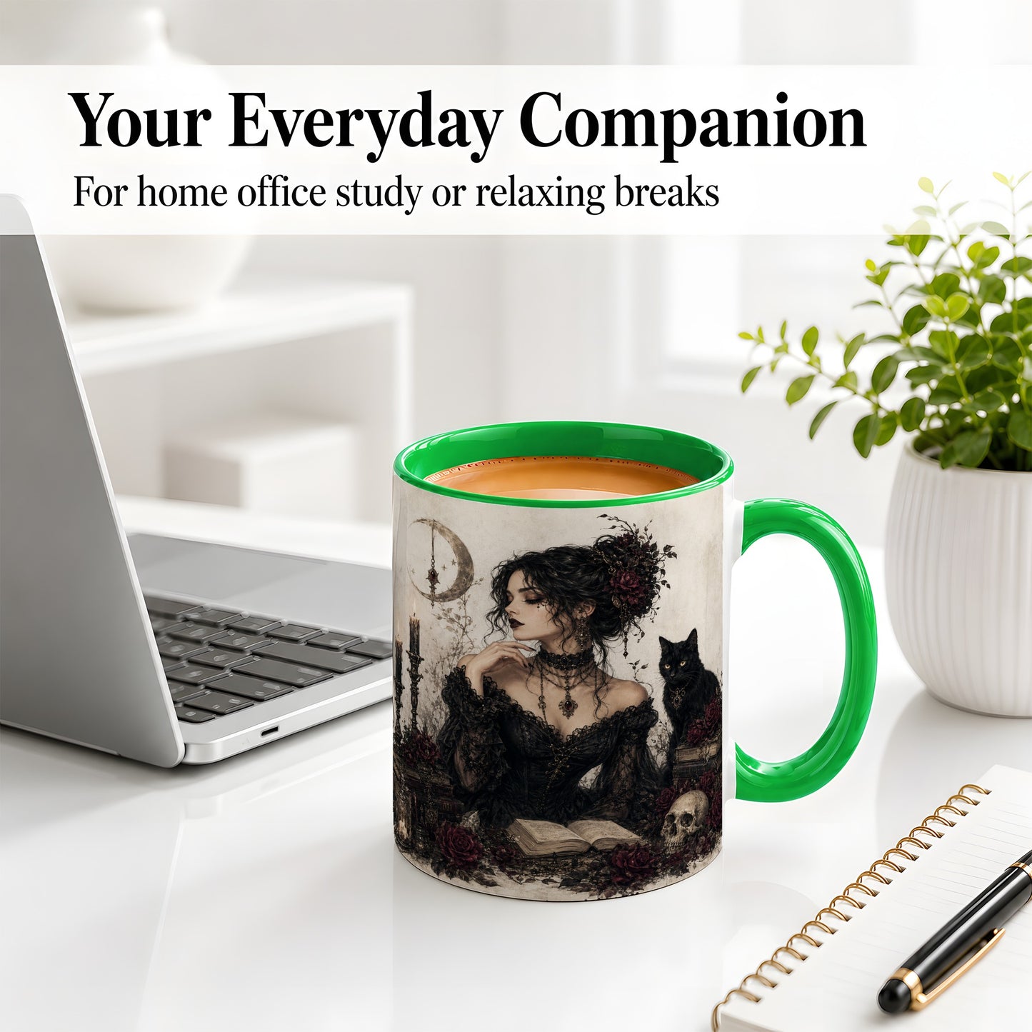 #pl[11oz|Green] Gothic Witch Ceramic Coffee Cup, Mug with Black Cat Artwork
