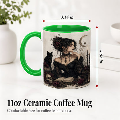 #pl[11oz|Green] Gothic Witch Ceramic Coffee Cup, Mug with Black Cat Artwork