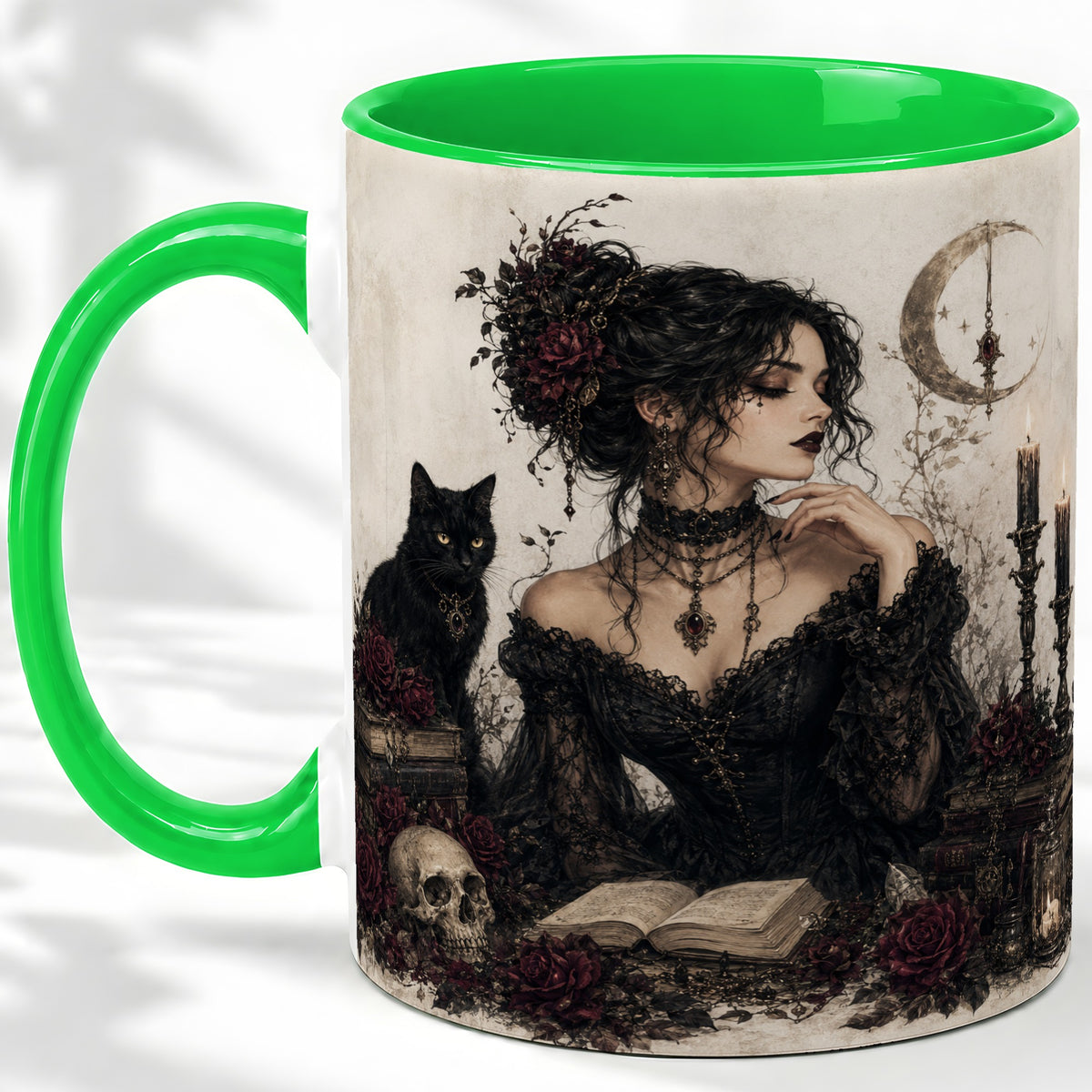 #pl[11oz|Green] Gothic Witch Ceramic Coffee Cup, Mug with Black Cat Artwork