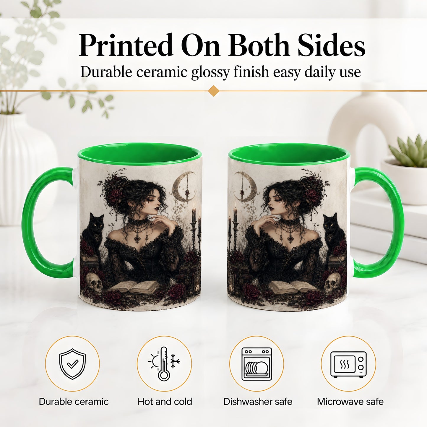 #pl[11oz|Green] Gothic Witch Ceramic Coffee Cup, Mug with Black Cat Artwork