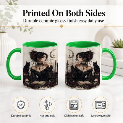 #pl[11oz|Green] Gothic Witch Ceramic Coffee Cup, Mug with Black Cat Artwork