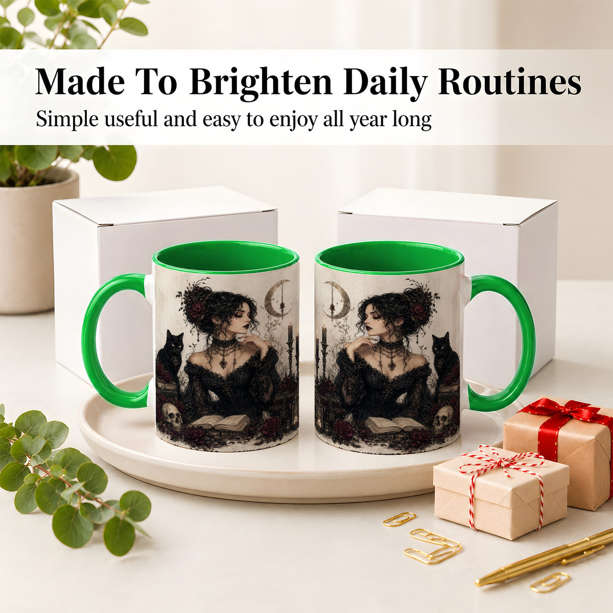 #pl[11oz|Green] Gothic Witch Ceramic Coffee Cup, Mug with Black Cat Artwork