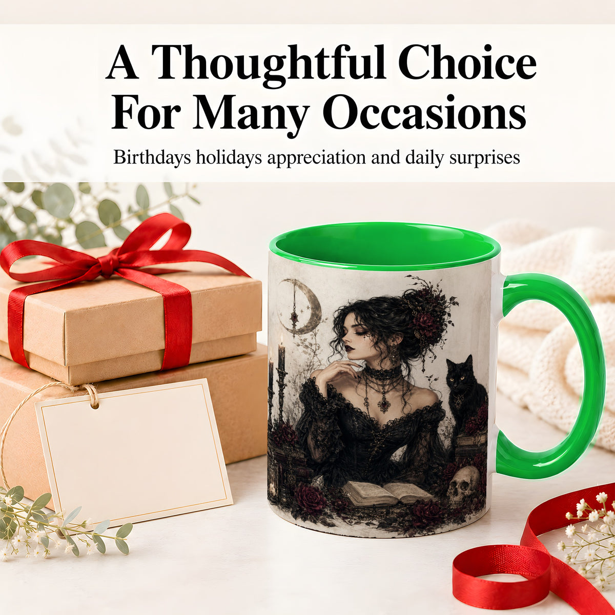 #pl[11oz|Green] Gothic Witch Ceramic Coffee Cup, Mug with Black Cat Artwork