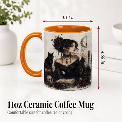 #pl[11oz|Orange] Gothic Witch Ceramic Coffee Cup, Mug with Black Cat Artwork