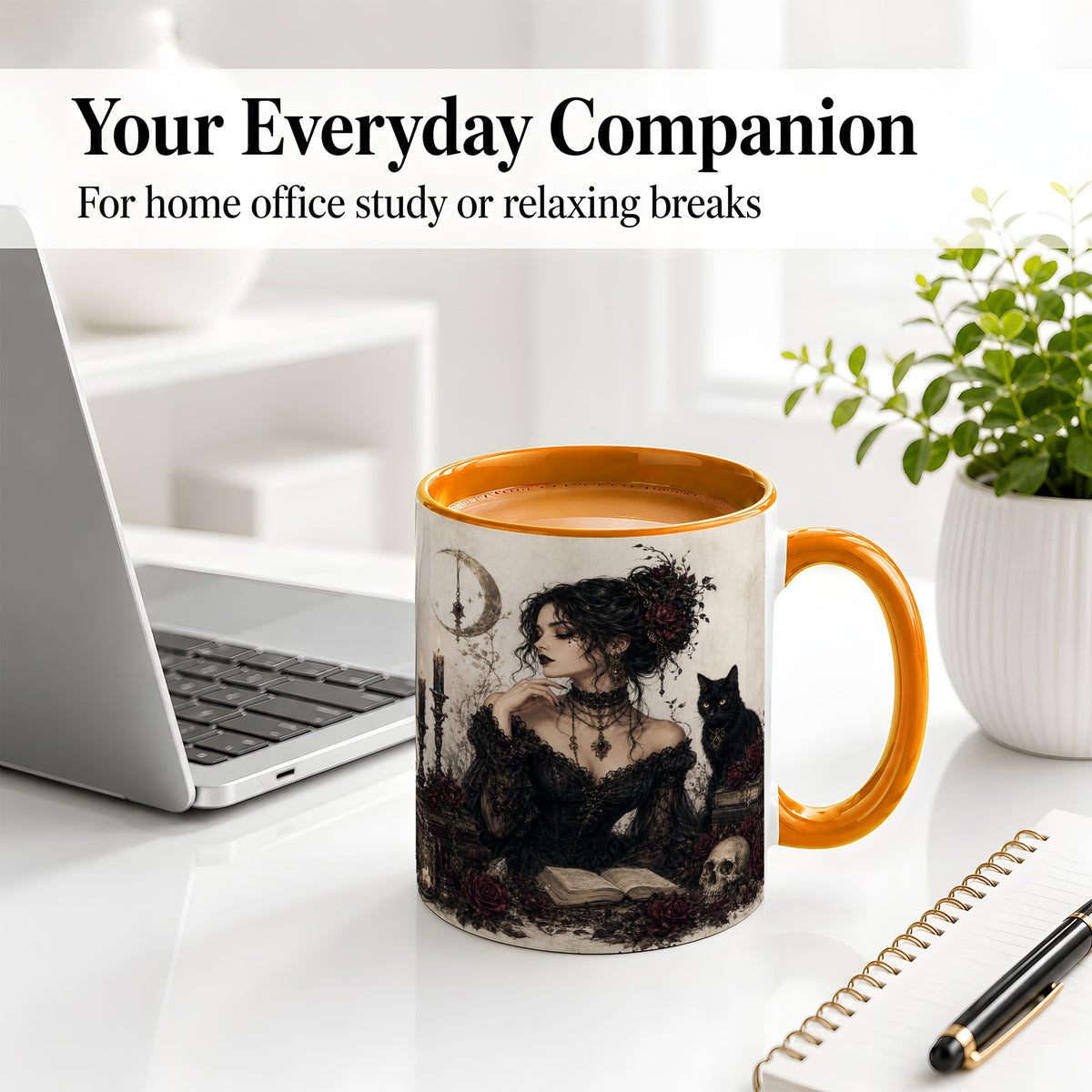 #pl[11oz|Orange] Gothic Witch Ceramic Coffee Cup, Mug with Black Cat Artwork