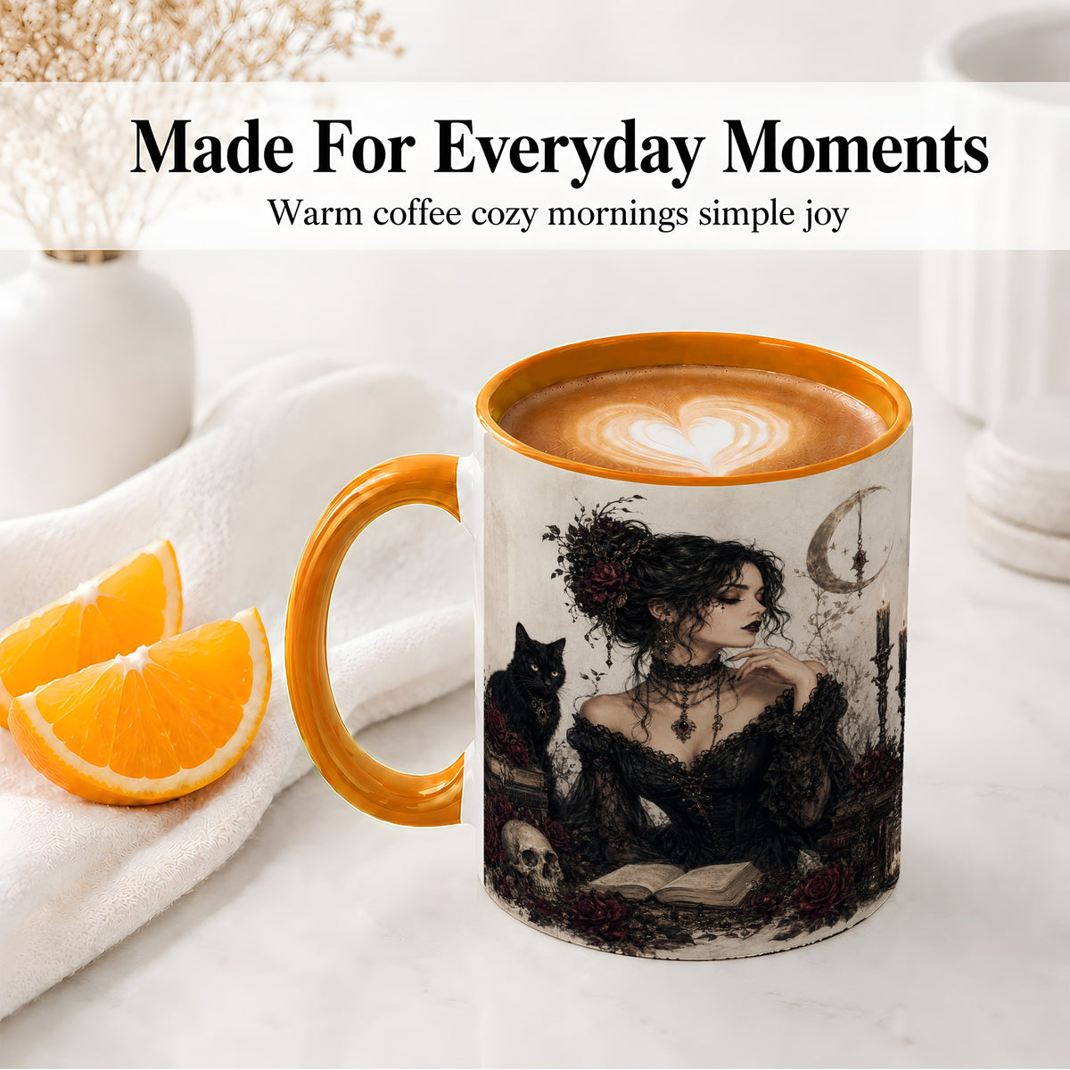 #pl[11oz|Orange] Gothic Witch Ceramic Coffee Cup, Mug with Black Cat Artwork