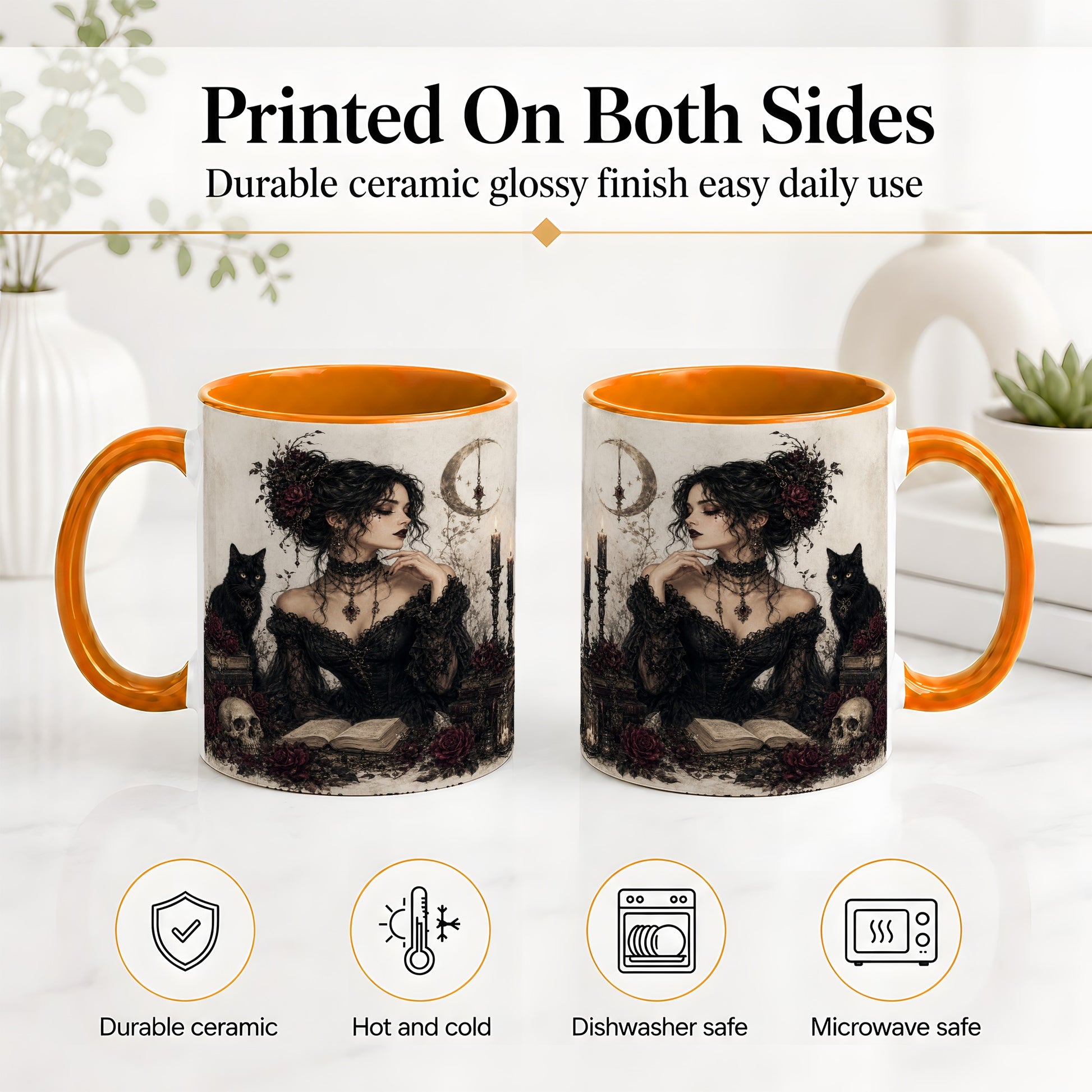#pl[11oz|Orange] Gothic Witch Ceramic Coffee Cup, Mug with Black Cat Artwork