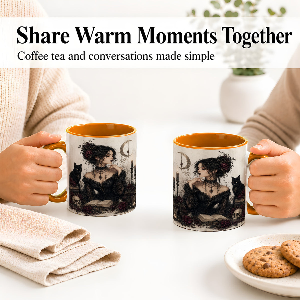 #pl[11oz|Orange] Gothic Witch Ceramic Coffee Cup, Mug with Black Cat Artwork
