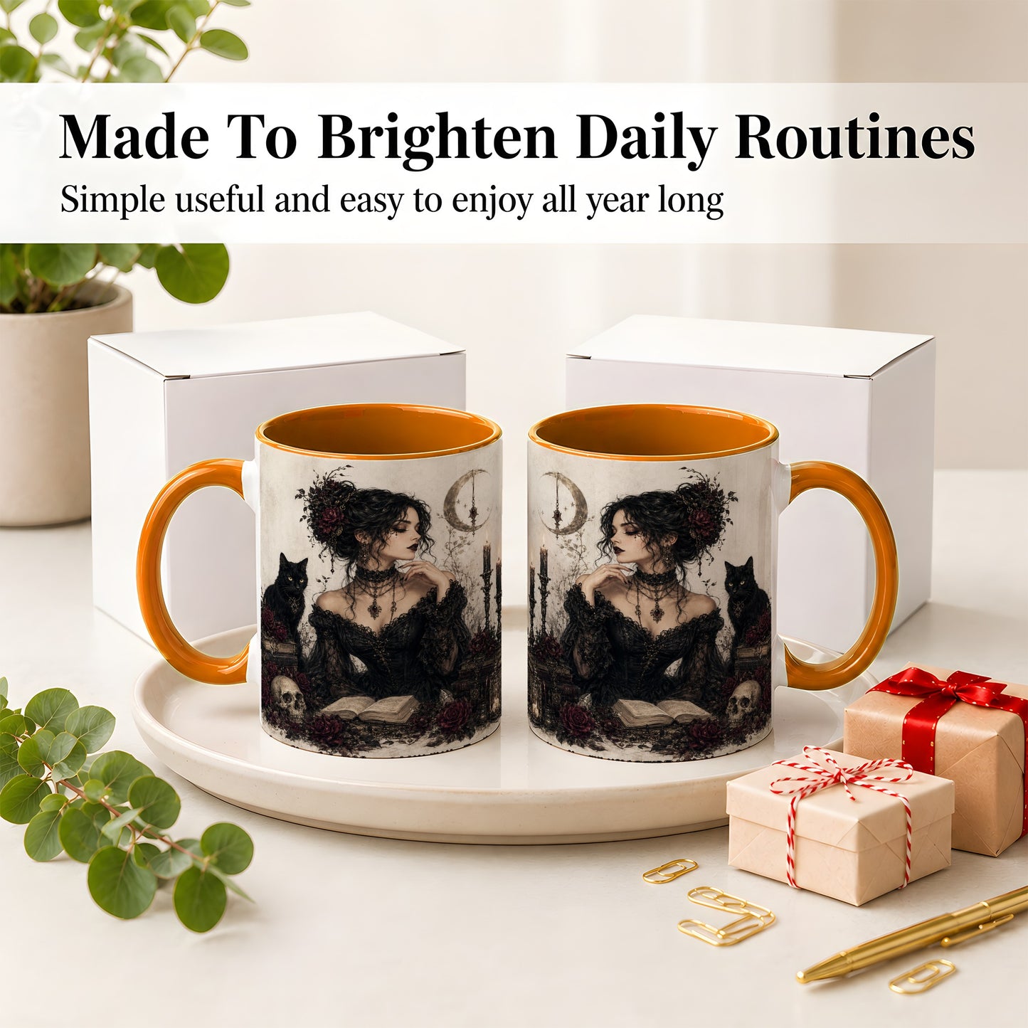 #pl[11oz|Orange] Gothic Witch Ceramic Coffee Cup, Mug with Black Cat Artwork