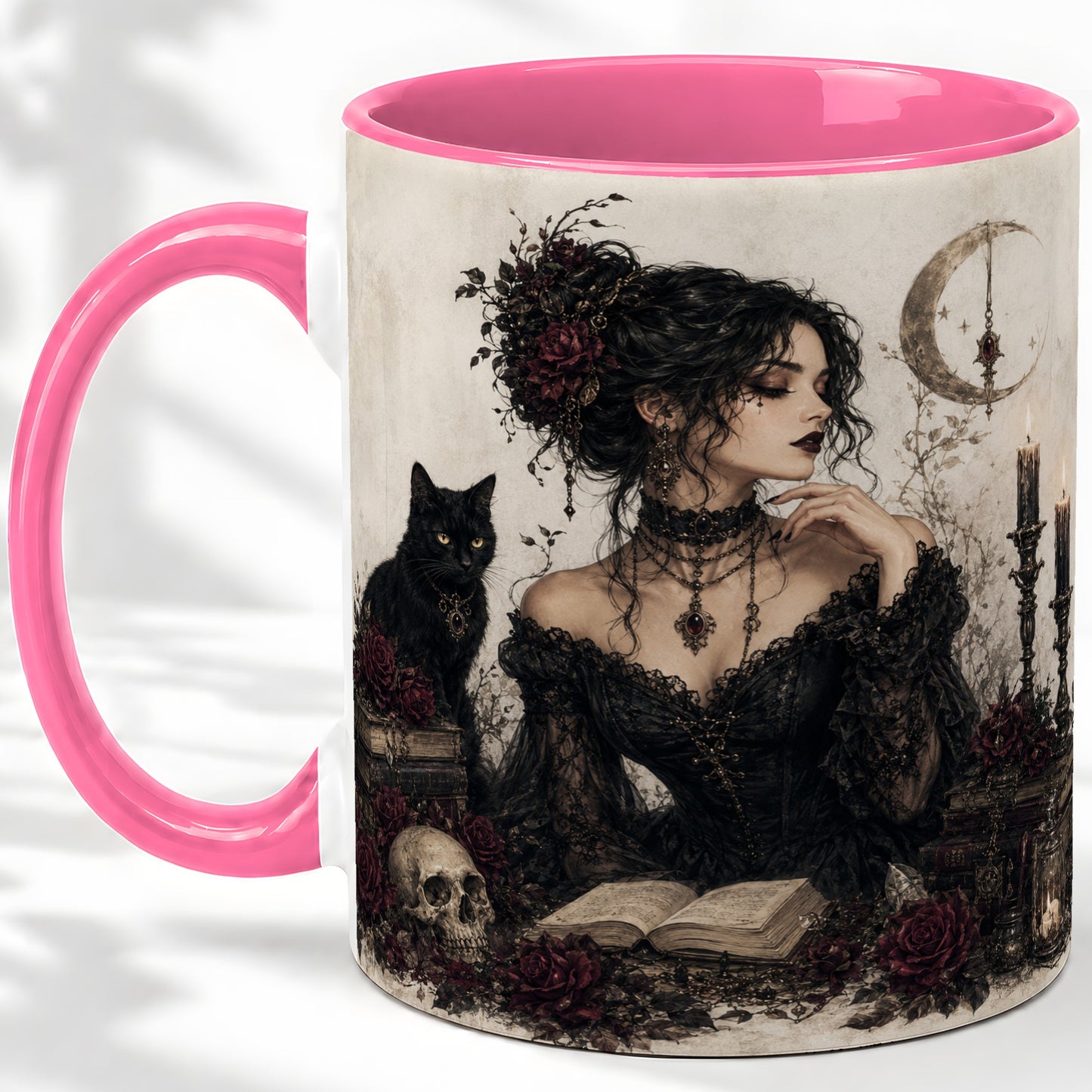 #pl[11oz|Pink] Gothic Witch Ceramic Coffee Cup, Mug with Black Cat Artwork