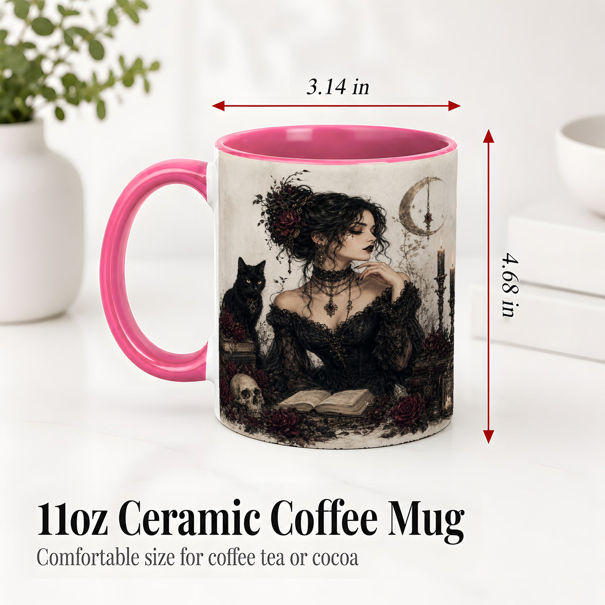 #pl[11oz|Pink] Gothic Witch Ceramic Coffee Cup, Mug with Black Cat Artwork