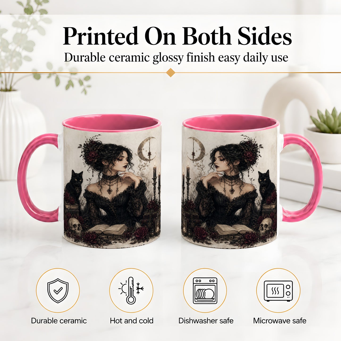 #pl[11oz|Pink] Gothic Witch Ceramic Coffee Cup, Mug with Black Cat Artwork