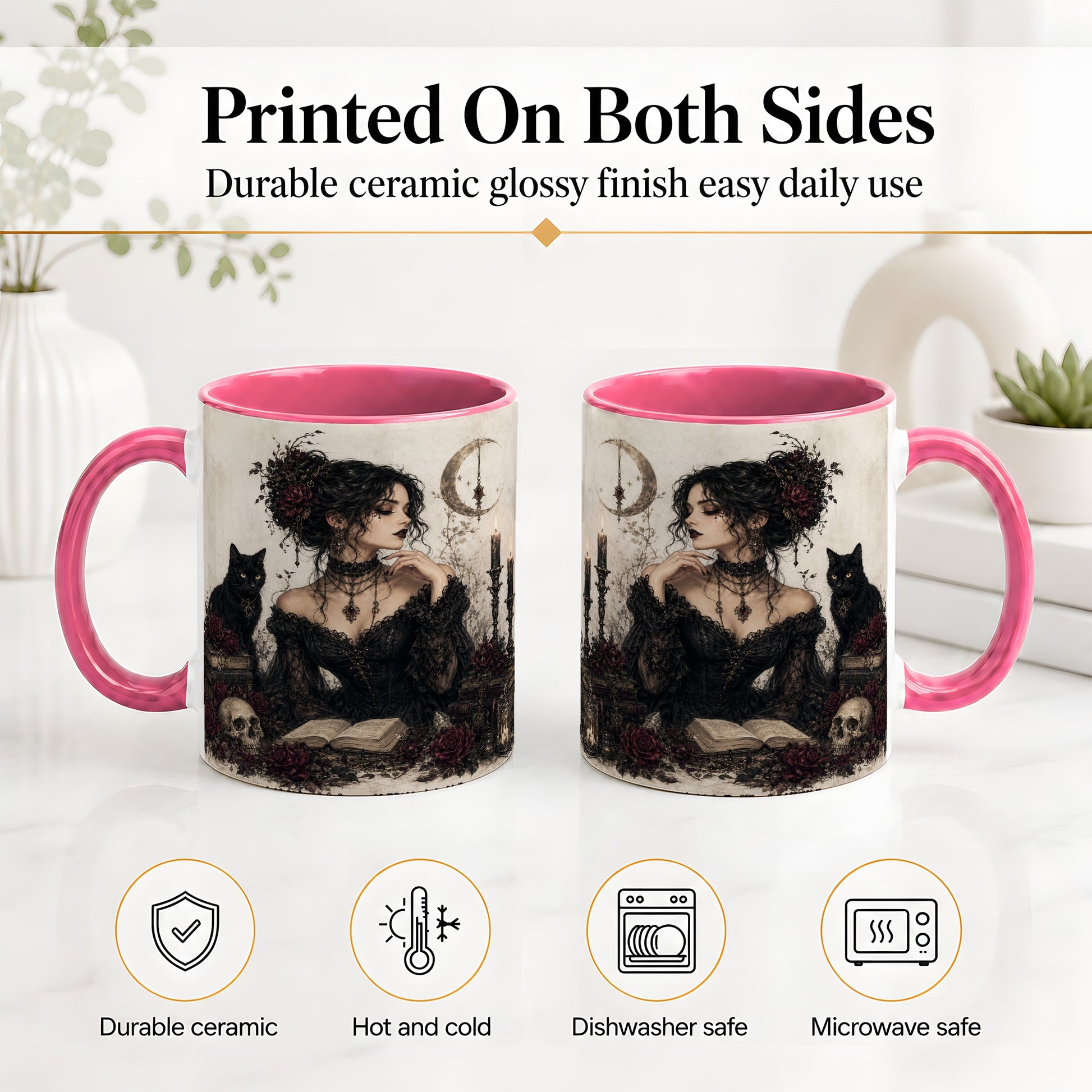 #pl[11oz|Pink] Gothic Witch Ceramic Coffee Cup, Mug with Black Cat Artwork