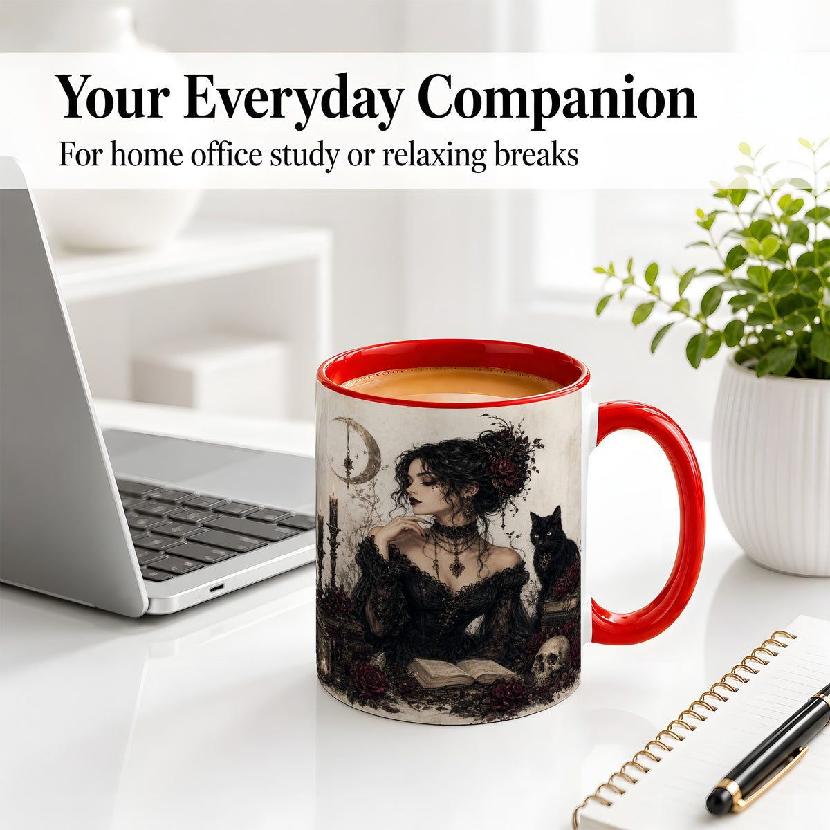 #pl[11oz|Red] Gothic Witch Ceramic Coffee Cup, Mug with Black Cat Artwork