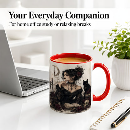 #pl[11oz|Red] Gothic Witch Ceramic Coffee Cup, Mug with Black Cat Artwork