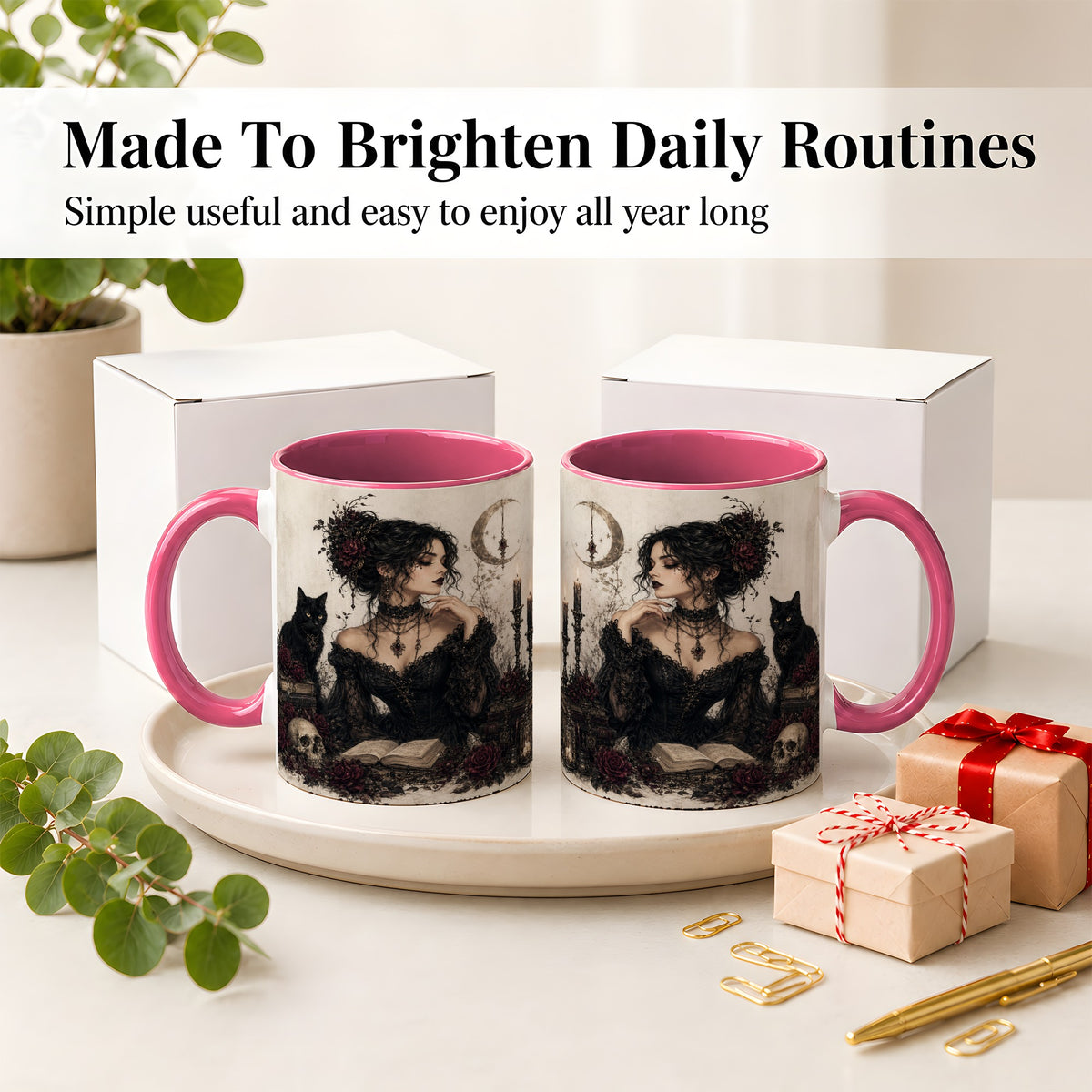 #pl[11oz|Pink] Gothic Witch Ceramic Coffee Cup, Mug with Black Cat Artwork