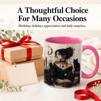 #pl[11oz|Pink] Gothic Witch Ceramic Coffee Cup, Mug with Black Cat Artwork