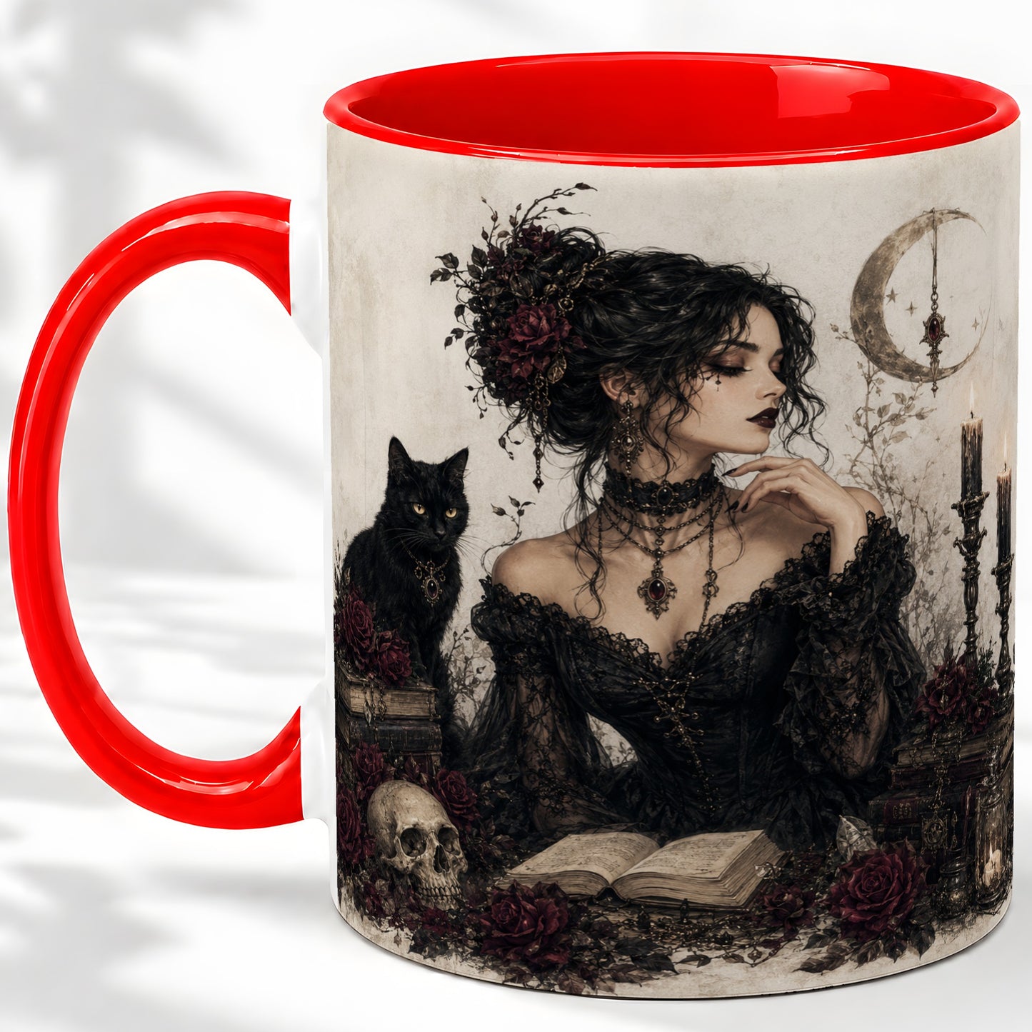 Gothic Witch Ceramic Coffee Cup, Mug with Black Cat Artwork