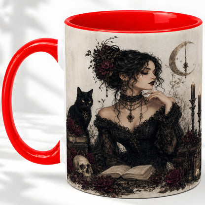 Gothic Witch Ceramic Coffee Cup, Mug with Black Cat Artwork