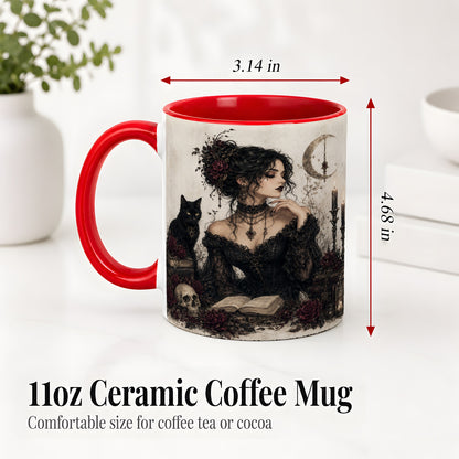#pl[11oz|Red] Gothic Witch Ceramic Coffee Cup, Mug with Black Cat Artwork