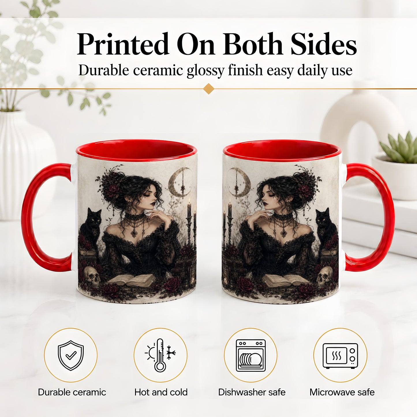 #pl[11oz|Red] Gothic Witch Ceramic Coffee Cup, Mug with Black Cat Artwork