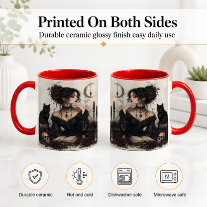 #pl[11oz|Red] Gothic Witch Ceramic Coffee Cup, Mug with Black Cat Artwork
