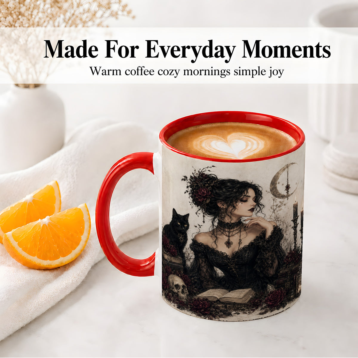 #pl[11oz|Red] Gothic Witch Ceramic Coffee Cup, Mug with Black Cat Artwork