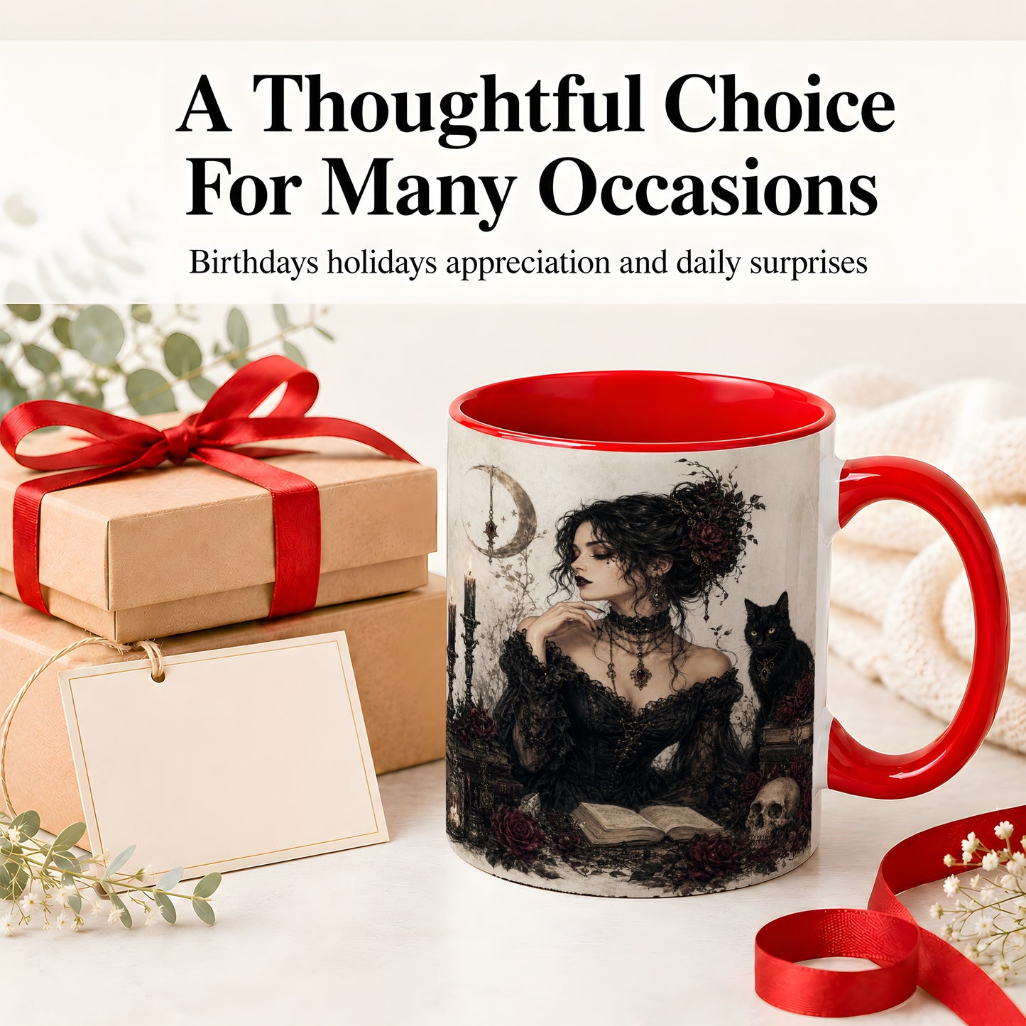 #pl[11oz|Red] Gothic Witch Ceramic Coffee Cup, Mug with Black Cat Artwork