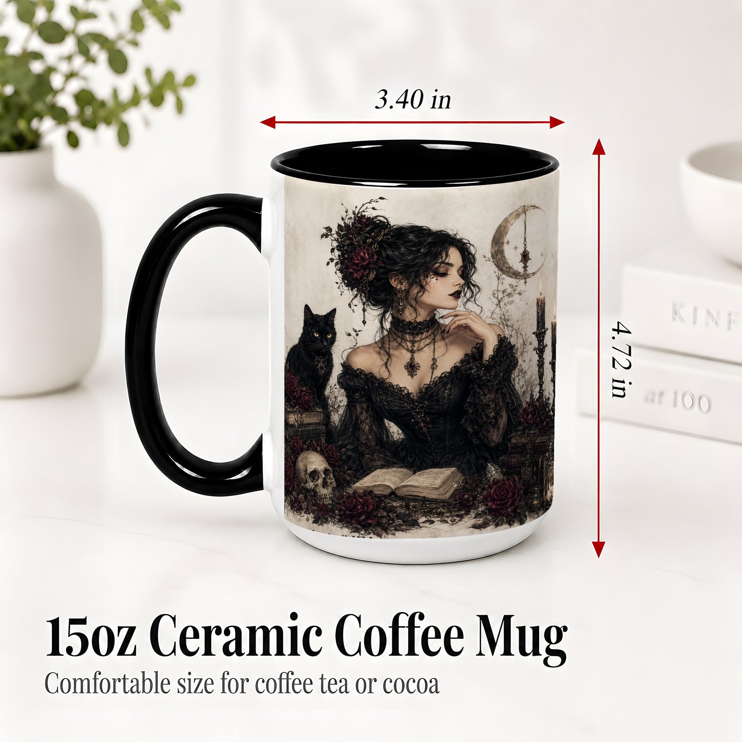 #pl[15oz|Black] Gothic Witch Ceramic Coffee Cup, Mug with Black Cat Artwork