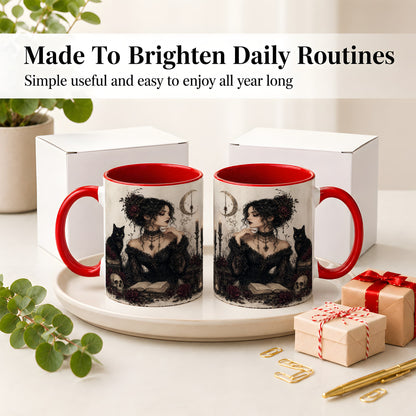 #pl[11oz|Red] Gothic Witch Ceramic Coffee Cup, Mug with Black Cat Artwork