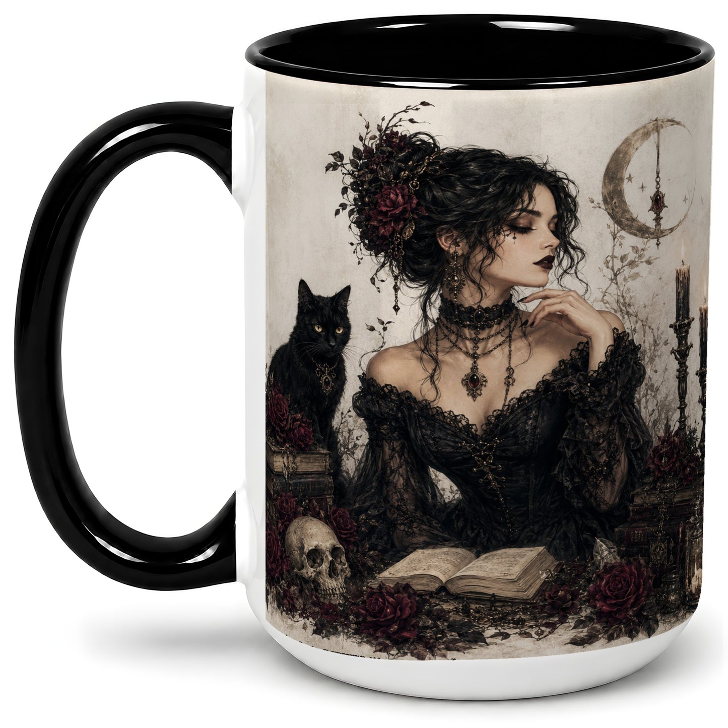 #pl[15oz|Black] Gothic Witch Ceramic Coffee Cup, Mug with Black Cat Artwork