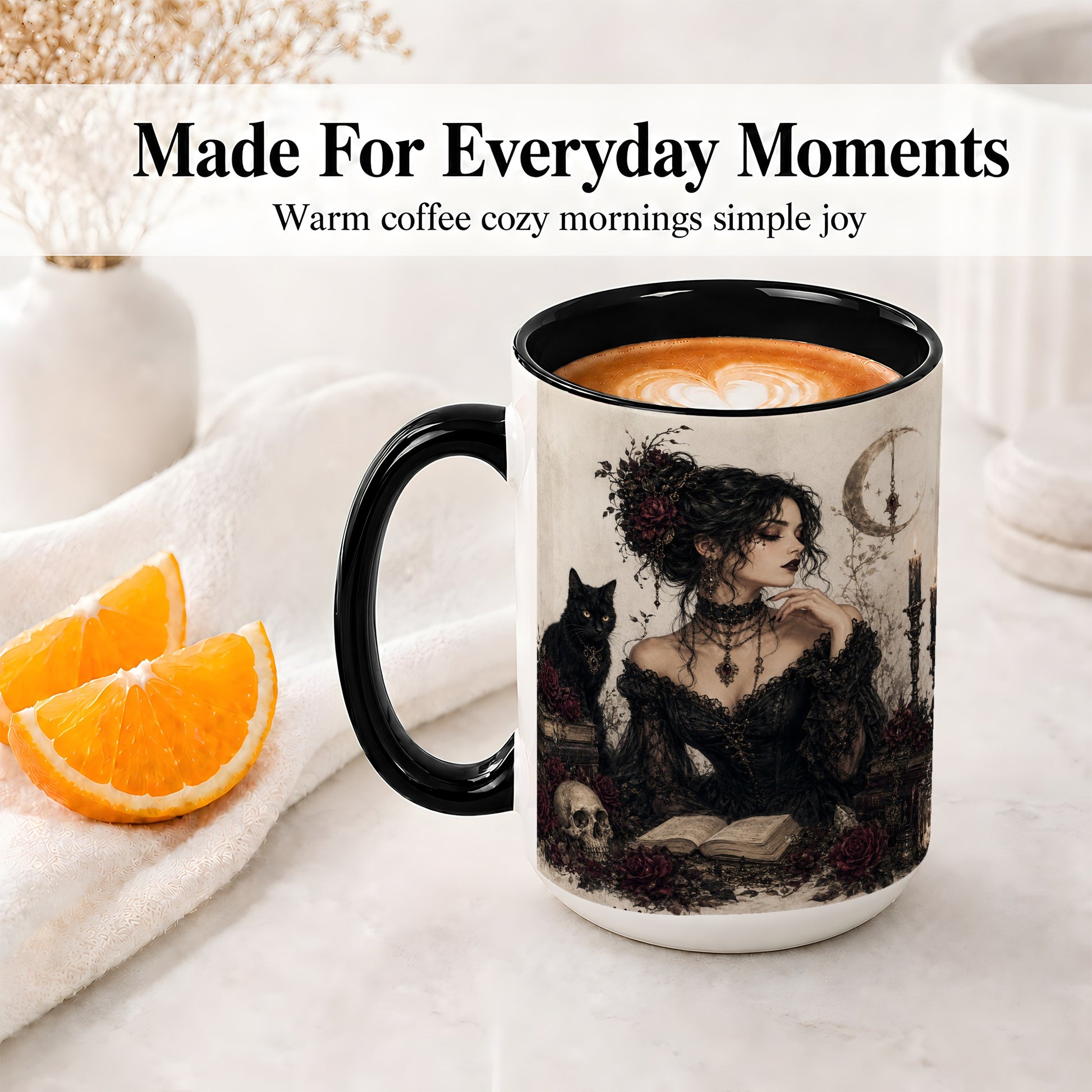 #pl[15oz|Black] Gothic Witch Ceramic Coffee Cup, Mug with Black Cat Artwork