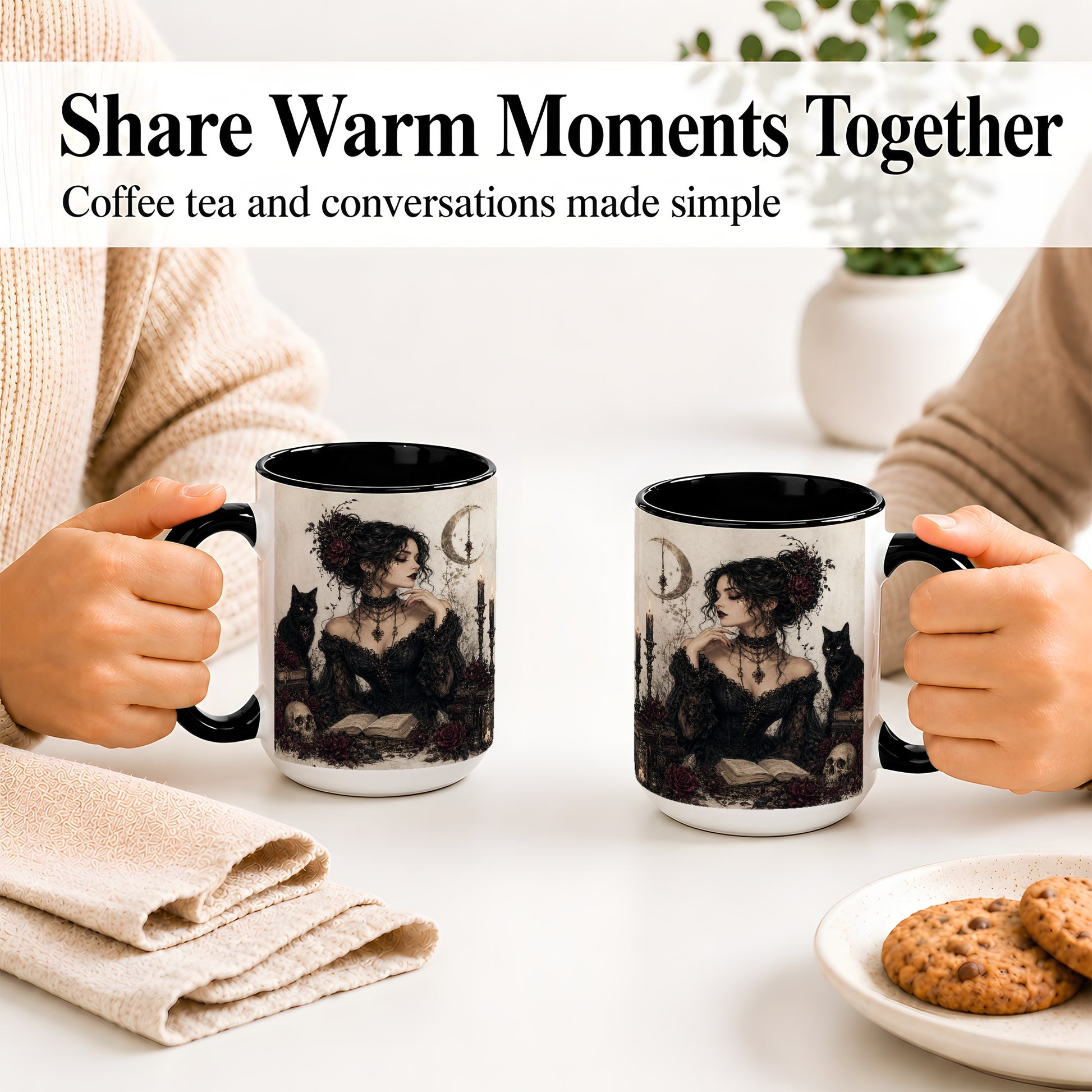 #pl[15oz|Black] Gothic Witch Ceramic Coffee Cup, Mug with Black Cat Artwork