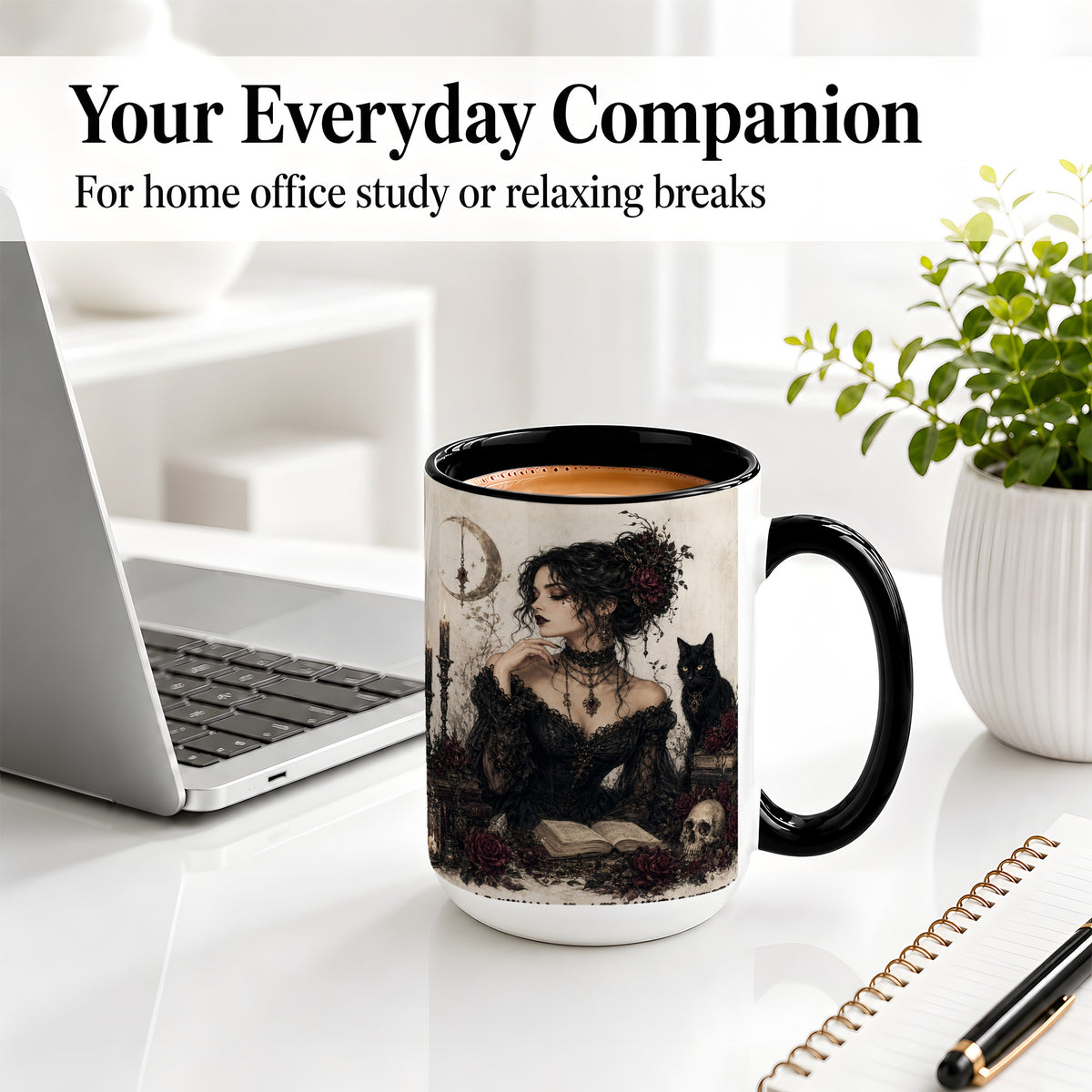 #pl[15oz|Black] Gothic Witch Ceramic Coffee Cup, Mug with Black Cat Artwork
