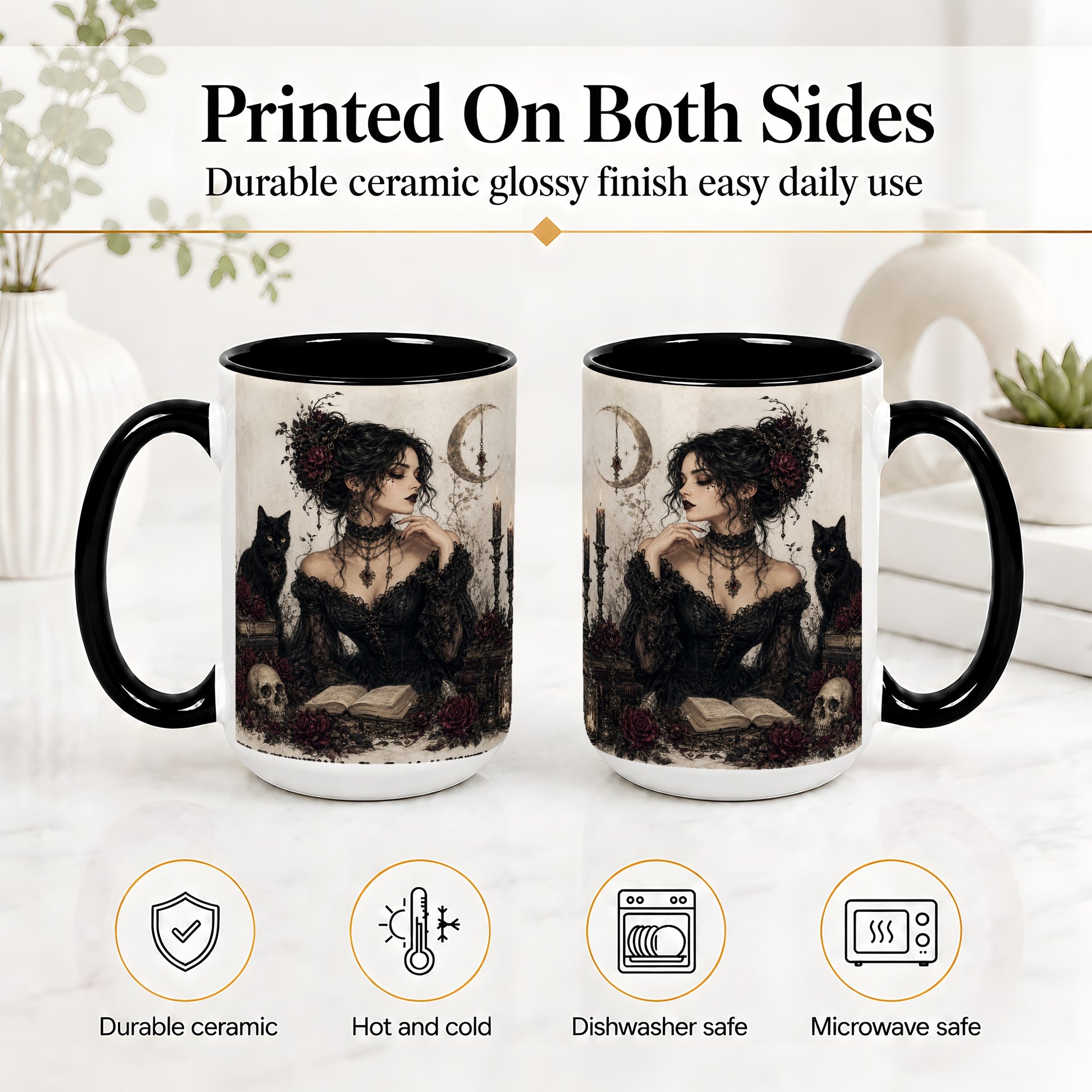 #pl[15oz|Black] Gothic Witch Ceramic Coffee Cup, Mug with Black Cat Artwork