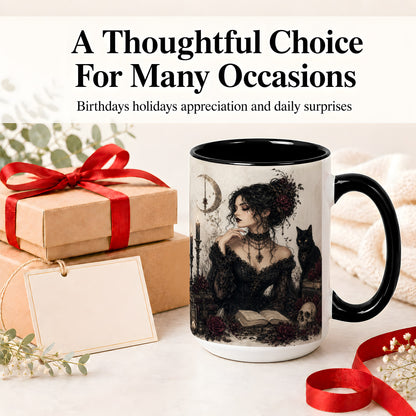 #pl[15oz|Black] Gothic Witch Ceramic Coffee Cup, Mug with Black Cat Artwork