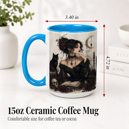 #pl[15oz|Blue] Gothic Witch Ceramic Coffee Cup, Mug with Black Cat Artwork