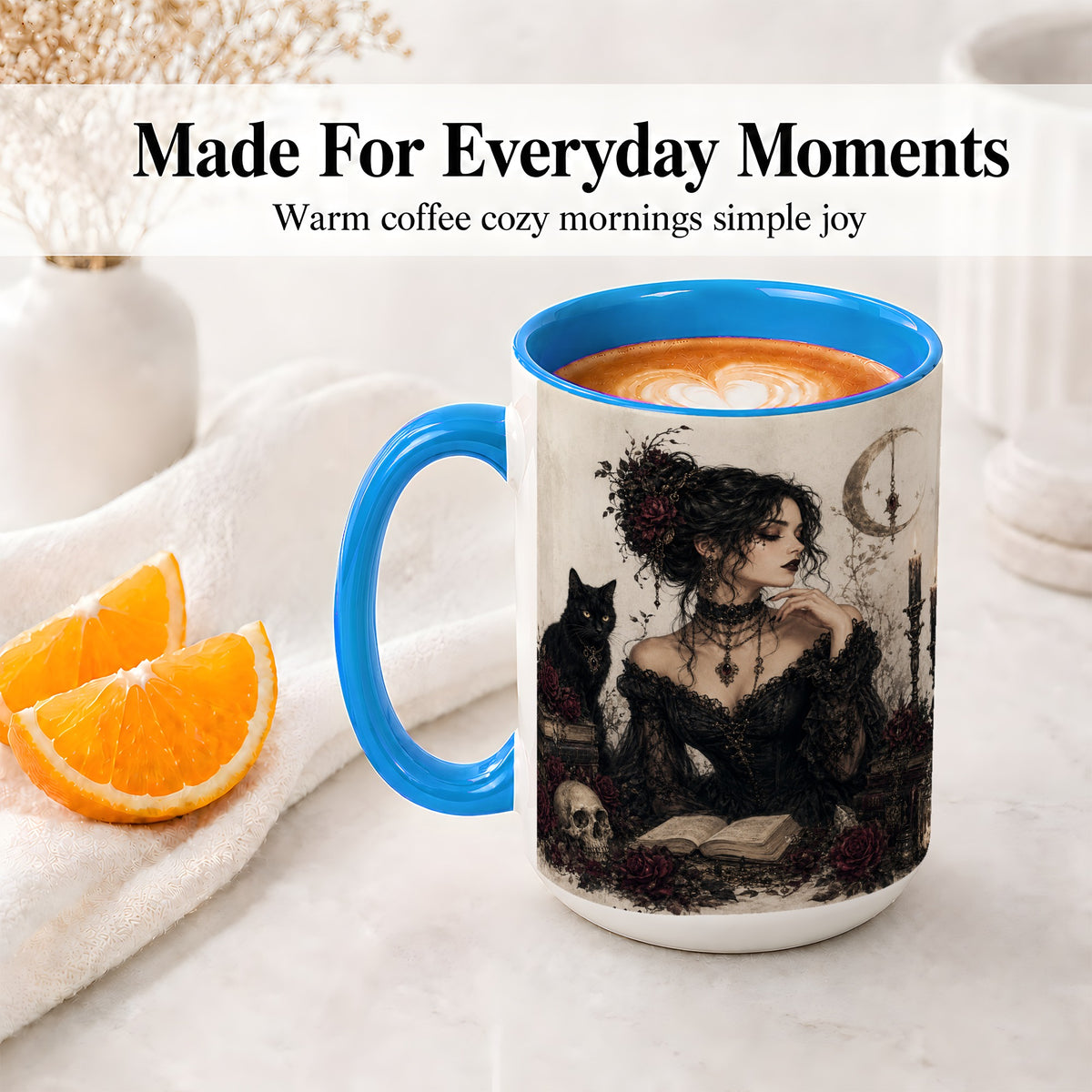 #pl[15oz|Blue] Gothic Witch Ceramic Coffee Cup, Mug with Black Cat Artwork