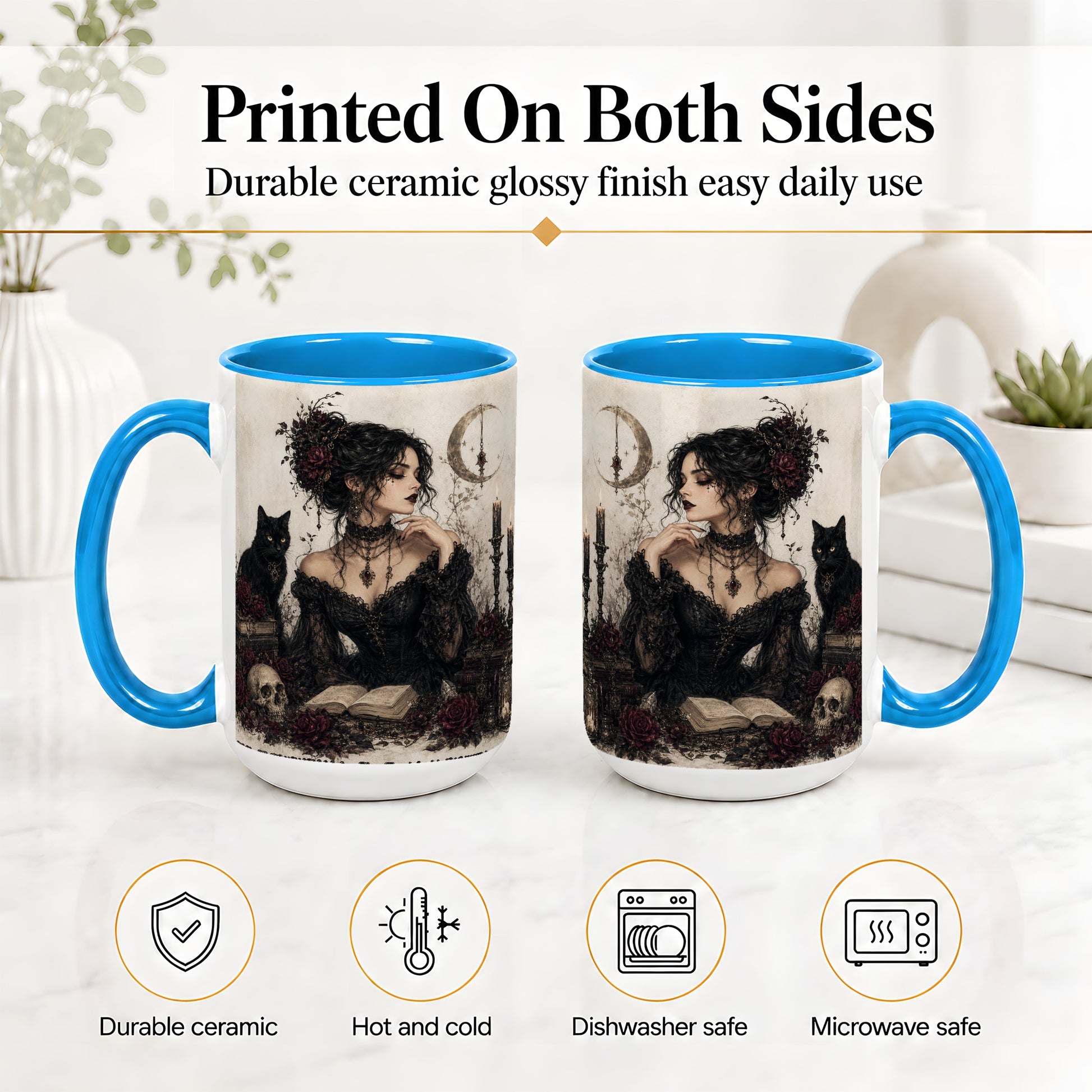 #pl[15oz|Blue] Gothic Witch Ceramic Coffee Cup, Mug with Black Cat Artwork