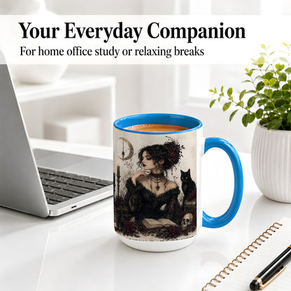 #pl[15oz|Blue] Gothic Witch Ceramic Coffee Cup, Mug with Black Cat Artwork