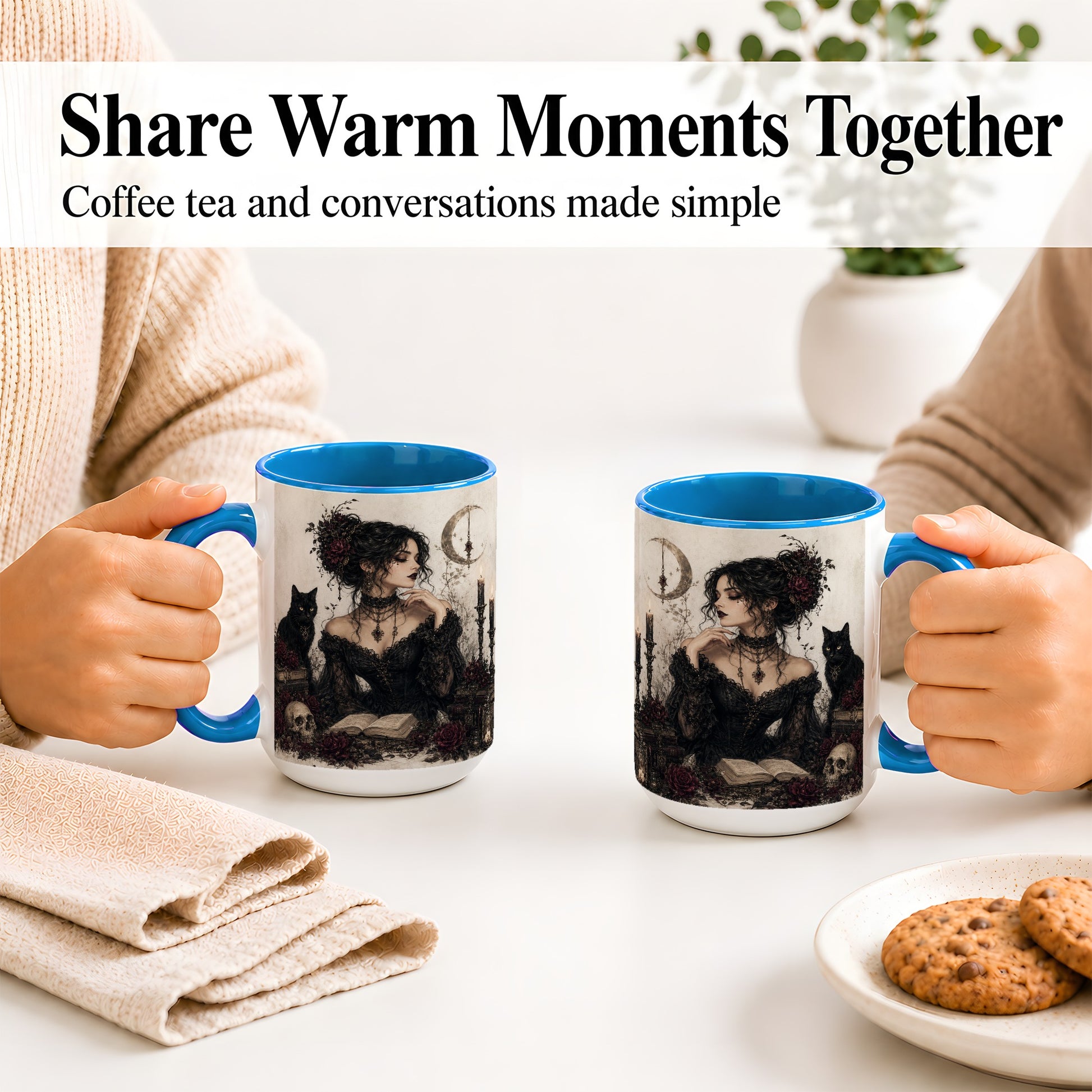 #pl[15oz|Blue] Gothic Witch Ceramic Coffee Cup, Mug with Black Cat Artwork