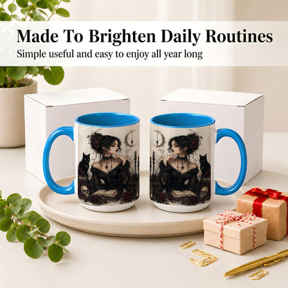 #pl[15oz|Blue] Gothic Witch Ceramic Coffee Cup, Mug with Black Cat Artwork