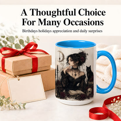 #pl[15oz|Blue] Gothic Witch Ceramic Coffee Cup, Mug with Black Cat Artwork